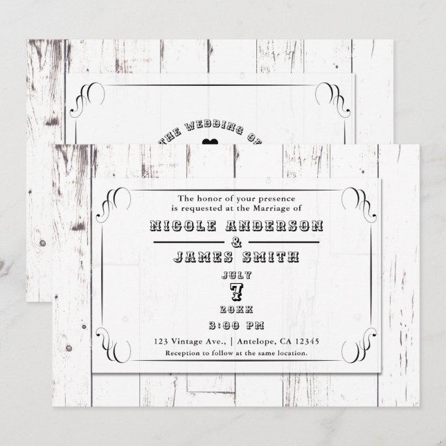 Convites Decoração de Casamento de Celeiro de Madeira Branc (Frente/Verso)