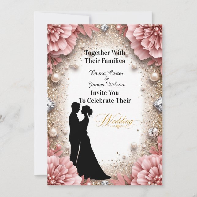 Convites 💐 Decoração de casamento floral dourada com pêsse (Frente)