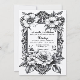 Convites Decoração de Casamento Floral Preto e Branco Vinta