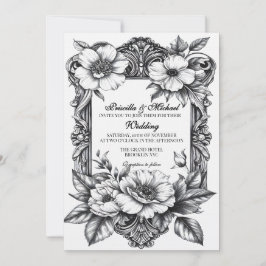 Convites Decoração de Casamento Floral Preto e Branco Vinta
