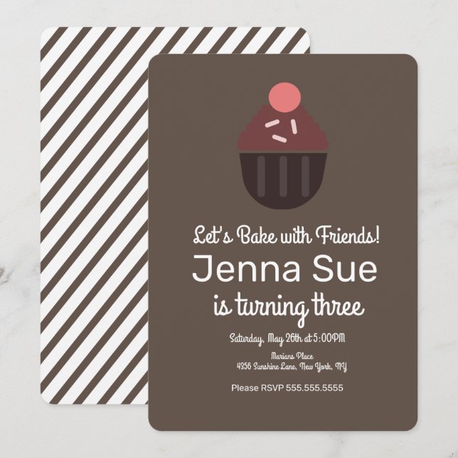 Convites Decoração de Cupcake de Aniversário Minimalista co (Frente/Verso)