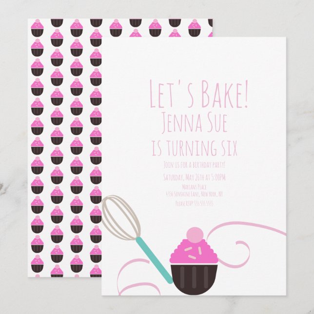 Convites Decoração de Cupcake de Aniversário Rosa (Frente/Verso)