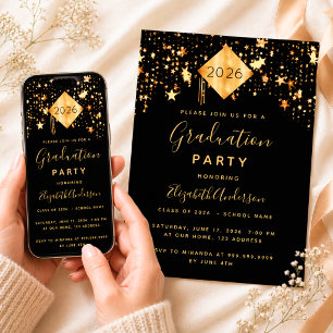 Convites Decoração de festa de formatura 2023 preto dourado
