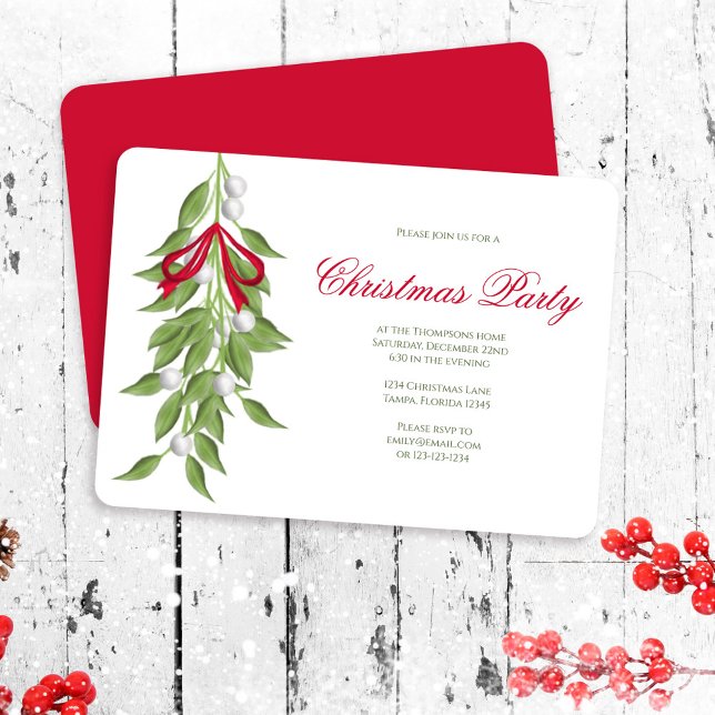 Convites Decoração de Natal com Visco para Festa de Natal P (Christmas party mistletoe invitation. Classic festive party style.)