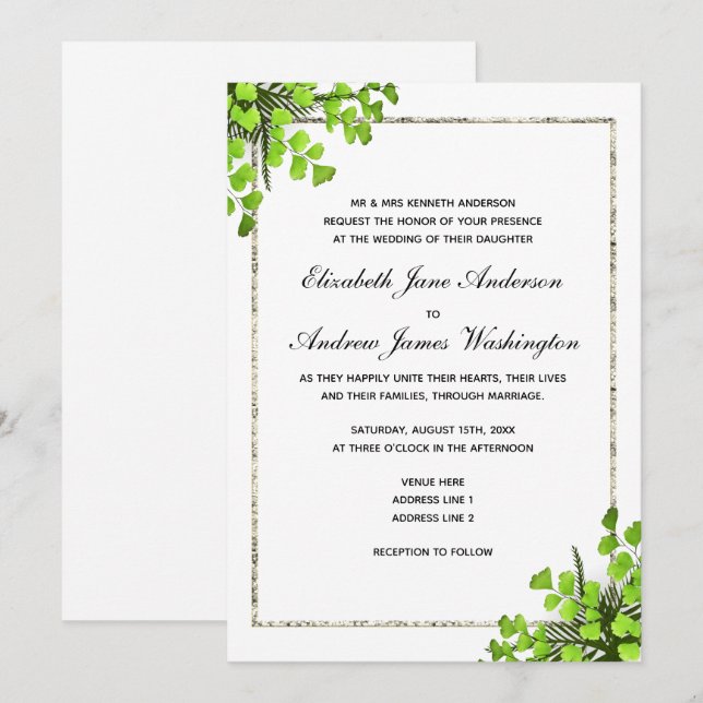 Convites Decoração de Samambaia de Canto Elegante Casamento (Frente/Verso)