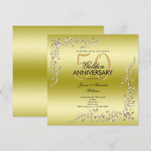 Convites Decoração Dourada 50º Aniversário de Casamento (Frente/Verso)