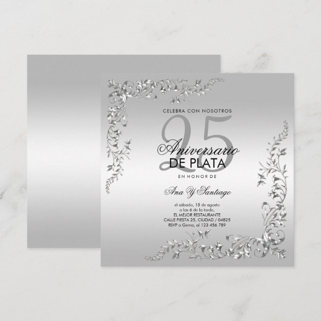 Convites Decoração Prata 25º Aniversário de Casamento (Frente/Verso)