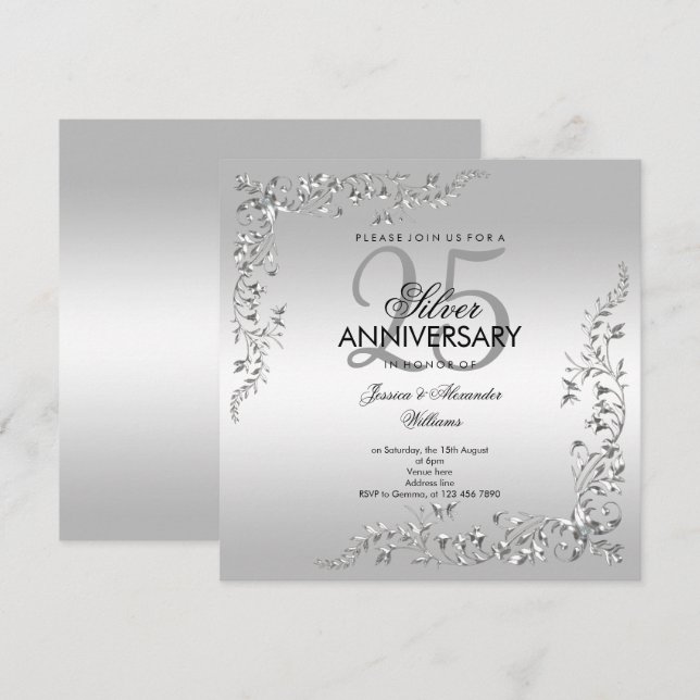 Convites Decoração Prata Bodas de 25 Anos de Casamento (Frente/Verso)