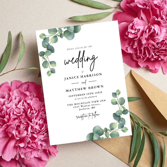 Convites Decoração Rústica de Botânica com Eucalipto para C (Rustic eucalyptus greenery invitation adds natural elegance and beautifully invites guests.)