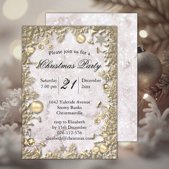 Convites Decorações do Ouro Elegante e Natal Glitter (Elegant Golden Decorations and Glitter Christmas Invitation by the Olde Christmas Shoppe)