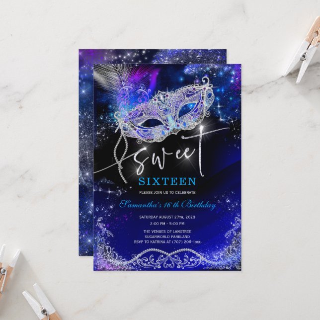 Convites Decorações Royal Blue e Prata para Sweet 16 (Frente/Verso In Situ)
