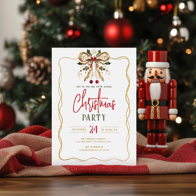 Convites Decorated Christmas Bow Gold Fram Party Invite (Criador carregado)
