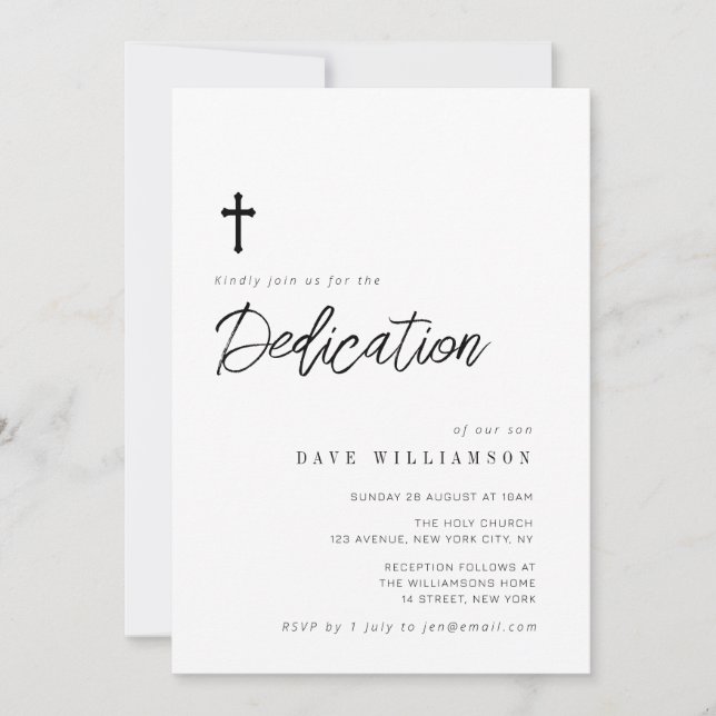 Convites dedicação a bebês com script de tipografia simples (Frente)