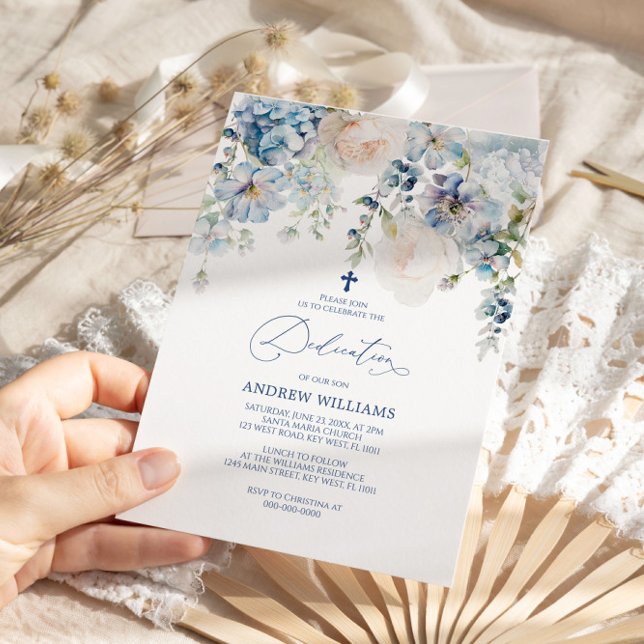 Convites Dedicação da Hydrangea e Rosas Azuis Elegante (Criador carregado)