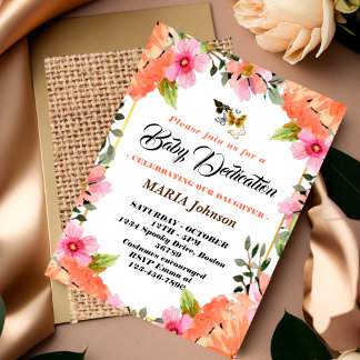 Convites Dedicação de Bebê Floral em Aquarela Borboleta Fem