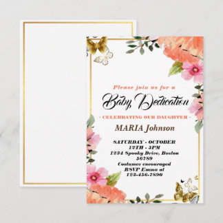 Convites Dedicação de Bebê Floral em Aquarela Borboleta Fem