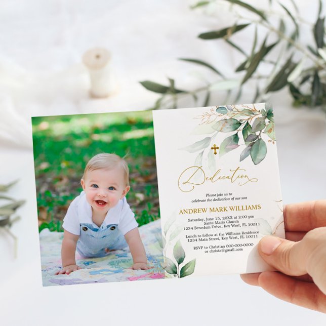 Convites Dedicação de Fotos Eucalyptus Verde e Dourada (Criador carregado)