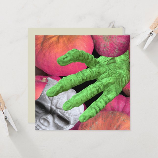 Convites Dedos esqueletos e caveira e abóboras para o Dia d (Frente/Verso In Situ)