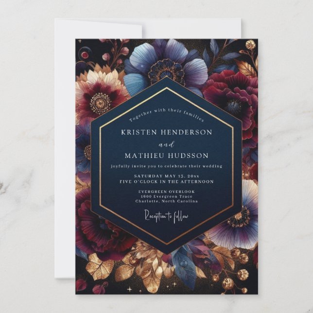 Convites Deep Blue Botanical Bloom Wedding (Frente)