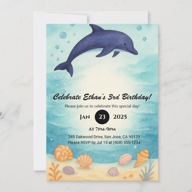 Convites Deep Blue Dolphin & Seashell Ocean Birthday  (Frente)