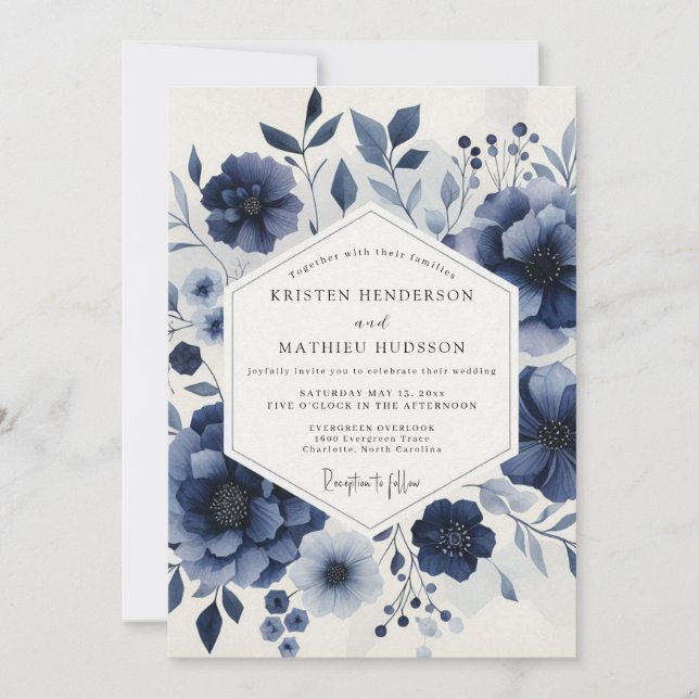 Convites Deep Blue Ethereal Bloom Wedding (Frente)