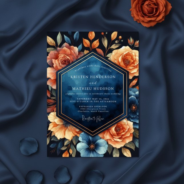Convites Deep Blue Floral Autumn Wedding (Criador carregado)