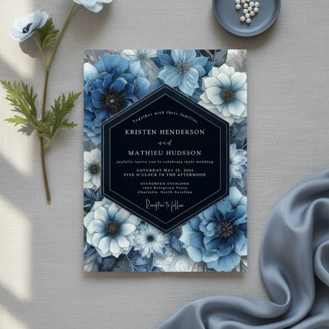 Convites Deep Blue Floral Bloom Wedding (Criador carregado)