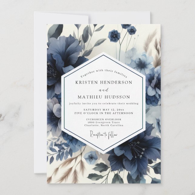 Convites Deep Blue Floral Moody Wedding (Frente)