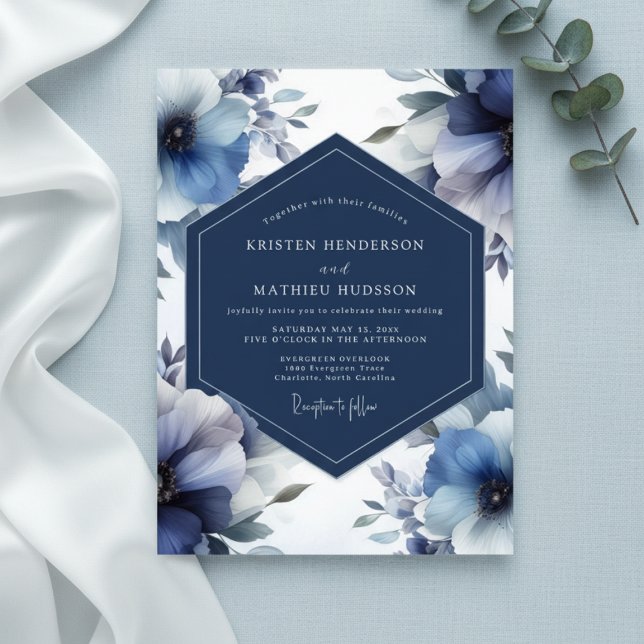 Convites Deep Blue Floral Opulent Wedding (Criador carregado)