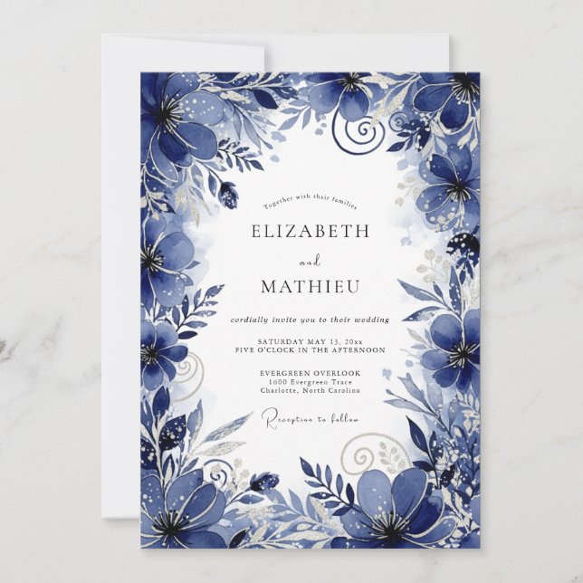 Convites Deep Blue Floral Romance Wedding (Frente)