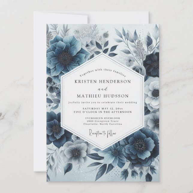 Convites Deep Blue Floral Whimsy Wedding (Frente)