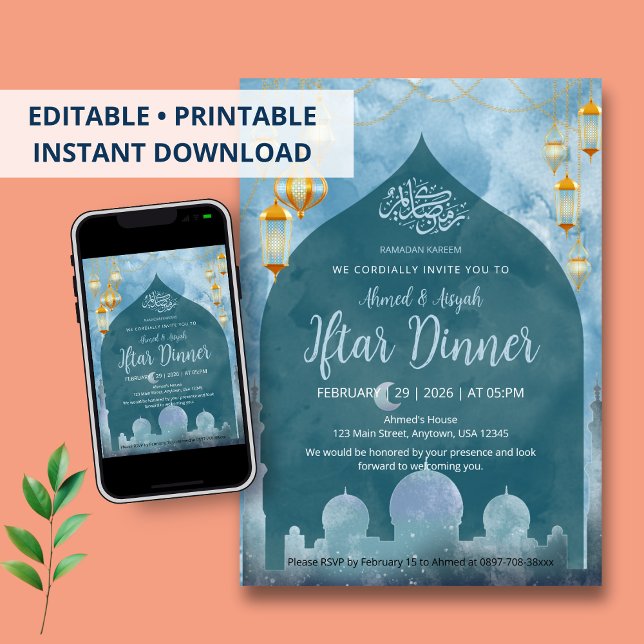 Convites Deep Blue Night Mosque Silhouette Iftar Dinner (Criador carregado)