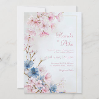 Convites Deep Blue Pink Romantic Sakura Gold Frame Wedding