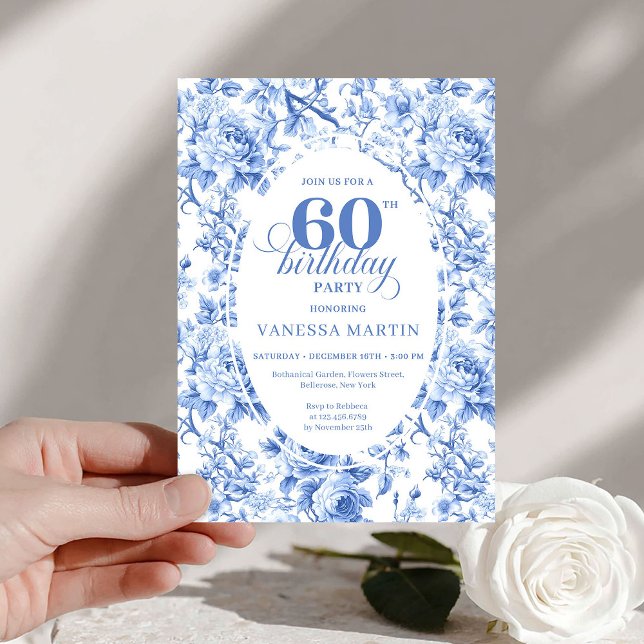 Convites Deep Blue Toile Roses 60th Birthday Invitation   (Deep Blue Toile Roses 60th Birthday Invitation File

)