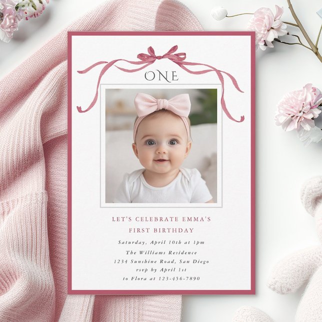 Convites Deep Blush Pink Bow Girl 1st Birthday Party Photo (Criador carregado)