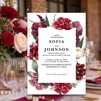 Convites Deep Burgundy Blush Floral Marsala Rose wedding