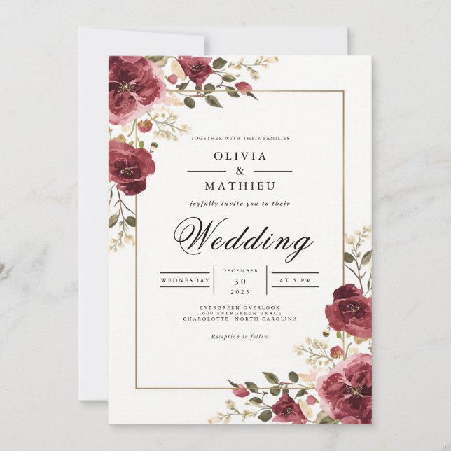 Convites Deep Burgundy Botanical Arch Wedding (Frente)