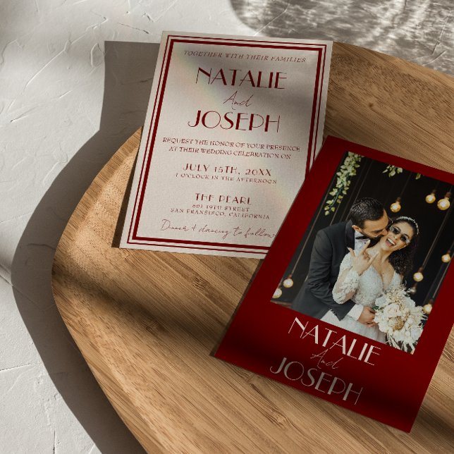 Convites Deep Burgundy Ivory Old Money Retro Photo Wedding (Criador carregado)