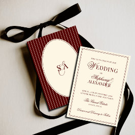 Convites Deep Burgundy Ivory Stripe Oval Old Money Wedding 