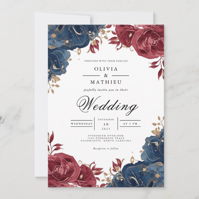 Convites Deep Burgundy & Navy Floral Arch Wedding (Frente)