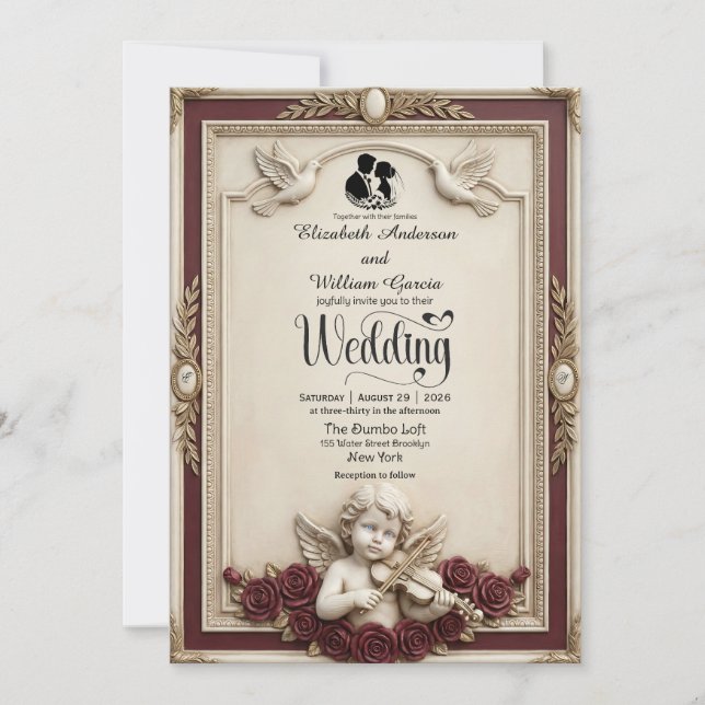 Convites Deep Burgundy Rose & Cherub Vintage Wedding (Frente)