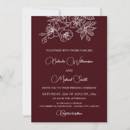 Convites Deep Burgundy White Floral Line Art | Wedding
