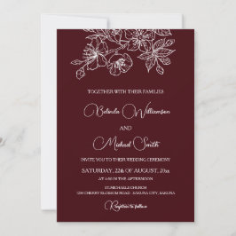 Convites Deep Burgundy White Floral Line Art | Wedding