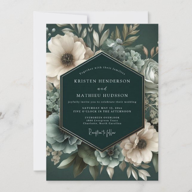 Convites Deep Emerald Floral Bloom Wedding (Frente)