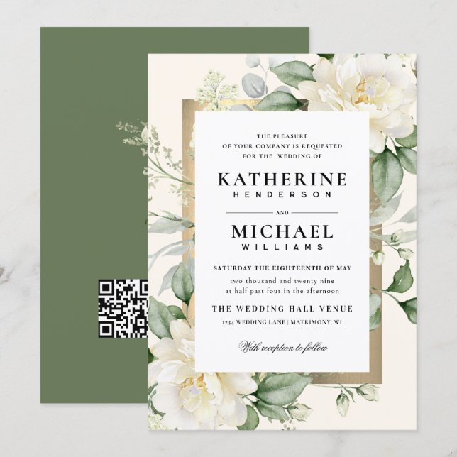 Convites Deep Eucalyptus Rose Ivory&Gold Quadro de Casament (Frente/Verso)