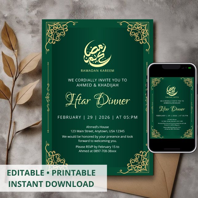 Convites Deep Green and Gold Ramadan Iftar Invitation (Criador carregado)