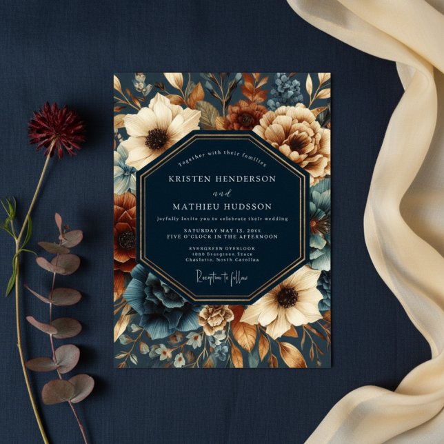 Convites Deep Navy Autumn Bloom Wedding (Criador carregado)