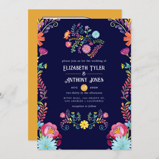 Convites Deep Navy & Marigold Floral Mexican Fiesta Wedding (Frente/Verso)