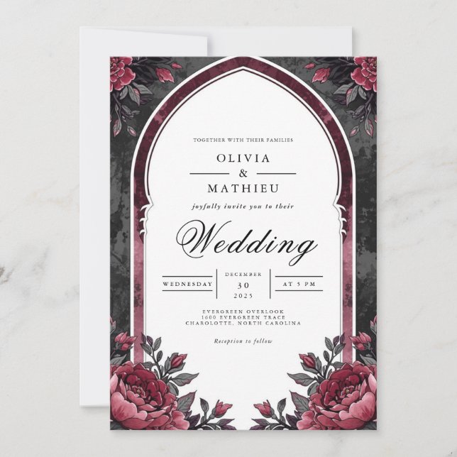 Convites Deep Plum Floral Archway Wedding (Frente)