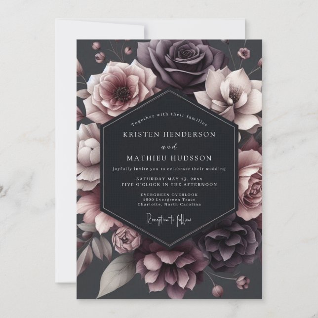 Convites Deep Plum Floral Moody Romance Wedding (Frente)